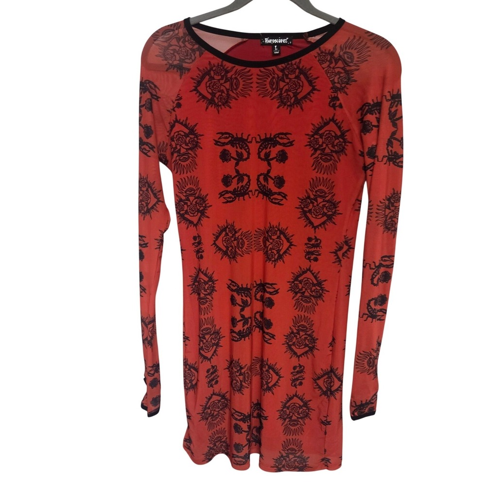 Horoscopez Red‎ Mesh Tattoo Print Long Sleeve Mini Dress Size L